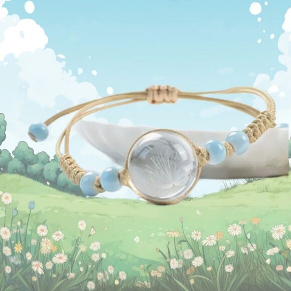 Make a WISH Blue Beads Macrame Bracelet Dandelion Inside Clear Ball - Picture 1 of 9